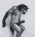  2018 against_wall andalusian animal_genitalia animal_penis anthro balls black_penis blue_eyes equid equine equine_penis erection hair hi_res horse jericho_(ulfhednar) klongi leaning_on_wall long_hair male mammal masturbation muscular muscular_male navel nipples nude penile penile_masturbation penis simple_background solo standing urethra 