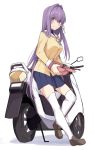  1girl blue_skirt breasts clannad commentary_request fujibayashi_kyou full_body ground_vehicle hair_ribbon headwear_removed helmet helmet_removed hikarizaka_private_high_school_uniform long_hair looking_at_viewer medium_breasts motor_vehicle purple_eyes purple_hair red_helmet ribbon sailor_collar school_uniform scooter shiseki_hirame simple_background skirt smile solo thighhighs white_background white_legwear white_sailor_collar 