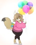  2018 anthro bag balloon barefoot big_breasts black_fur black_nose bottomwear breasts brown_fur brown_hair canid canine canis cheyenne_(inu-dono) cleavage clothed clothing coyote dipstick_tail eyewear female fur glasses hair hi_res huge_breasts mammal multicolored_tail open_mouth pants shirt simple_background smile solo spazzykoneko topwear white_background white_fur wide_hips yellow_eyes 