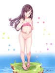  1girl artist_name bikini blush bottomless breasts brown_hair closed_mouth collarbone eyebrows_visible_through_hair floral_background grass groin hitori_bocchi hitoribocchi_no_marumaru_seikatsu long_hair looking_at_viewer navel pink_bikini pussy red_eyes sandals shiny shiny_hair simple_background small_breasts solo swimsuit swimwear white_background zet_(zetart) 