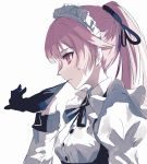  1girl adjusting_clothes adjusting_gloves beckzawachi black_gloves black_neckwear black_ribbon blush breasts commentary_request frills from_side girls_frontline gloves hair_ribbon juliet_sleeves long_hair long_sleeves maid maid_headdress neck_ribbon ntw-20_(girls_frontline) parted_lips pink_hair ponytail profile puffy_sleeves ribbon shirt simple_background sketch small_breasts solo upper_body white_background white_shirt 