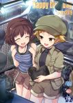  2019 :d akiyama_yukari anglerfish backpack bag bangs black_shirt blonde_hair blue_shirt brown_eyes brown_hair brown_jacket brown_shorts cabbie_hat casual character_name clothes_hanger commentary copyright_name emblem english_text facing_another girls_und_panzer green_headwear happy_birthday hat highres hippopotamus holding_boots indoors jacket jewelry kasai_shin leaning_forward light_blush looking_at_another messy_hair military_jacket necklace ooarai_(emblem) open_clothes open_jacket open_mouth pointy_hair shirt shop short_hair short_shorts short_sleeves shorts signature smile standing striped striped_shirt suspenders tank_top turtleneck yellow_eyes 