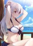  1girl adjusting_hair armpits arms_behind_head arms_up bare_arms bare_shoulders bikini bikini_skirt breasts cleavage commentary_request fate/grand_order fate_(series) highres iroha_(shiki) large_breasts long_hair looking_away navel ponytail red_eyes silver_hair smile solo stomach swimsuit tomoe_gozen_(fate/grand_order) upper_body white_bikini 