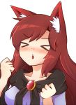  &gt;_&lt; 2015 animal_humanoid blush breasts canid canid_humanoid canine canine_humanoid clothed clothing eyes_closed female fur hair humanoid inner_ear_fluff kagerou_imaizumi long_hair mammal mammal_humanoid moiwool open_mouth reaction_image red_fur red_hair simple_background solo touhou video_games white_background white_fur wolf_humanoid 