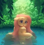  absurd_res blue_eyes equid equine female fluttershy_(mlp) friendship_is_magic hi_res jungle looking_at_viewer looking_back mammal my_little_pony pond pterippus solo ukulilia water wings 