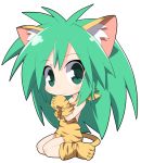  1girl animal_ear_fluff animal_ears animal_print bangs bare_shoulders blush cham_cham closed_mouth commentary_request eyebrows_visible_through_hair full_body gloves green_eyes green_hair hair_between_eyes long_hair looking_at_viewer osaragi_mitama paw_shoes print_footwear print_gloves samurai_spirits shoes simple_background sitting smile solo tail tiger_ears tiger_girl tiger_print tiger_tail very_long_hair wariza white_background yellow_footwear yellow_gloves 