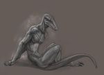  2016 anthro barefoot claws digitigrade eyes_closed grey_body klongi lizard male nude reptile scalie side_view simple_background solo 
