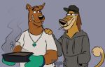  2019 anthro black_nose brown_fur canid canine canis clothed clothing crossover domestic_dog drugs dukey duo eye_contact eyebrows fur great_dane grey_background hand_on_shoulder hanna-barbera hat headgear headwear hoodie jewelry johnny_test_(series) looking_at_another male mammal marijuana mastiff molosser necklace oven_mitt pan raised_eyebrow rhyset scooby-doo scooby-doo_(series) shirt signature simple_background smile steam topwear 