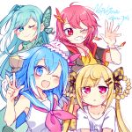  4girls ;) blonde_hair blue_hair bracelet butterfly_hair_ornament cangqiong chiyu_(synthesizer_v) dress fang feather_hair_ornament green_eyes green_hair hair_ornament hairclip haiyi haru.jpg hat highres jewelry long_hair multiple_girls one_eye_closed red_hair sailor_collar sailor_dress shian_(synthesizer_v) shirt simple_background smile synthesizer_v t-shirt turtleneck upper_body v white_background 