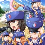  5girls :d andou_(girls_und_panzer) bc_freedom_(emblem) bc_freedom_military_uniform black_hair blonde_hair blue_eyes blue_jacket blue_sky blue_vest brown_eyes character_request cloud cloudy_sky dark_skin drill_hair dust_cloud emblem fan frown ft-17 girls_und_panzer green_eyes hand_on_headwear hat high_collar highres holding holding_phone jacket kitayama_miuki long_hair long_sleeves looking_at_viewer marie_(girls_und_panzer) medium_hair messy_hair mountainous_horizon multiple_girls open_mouth orange_hair oshida_(girls_und_panzer) phone pleated_skirt salute shako_cap shell skirt sky smile standing tree vest wavy_hair white_skirt 