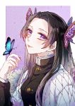  1girl absurdres black_hair black_jacket butterfly_hair_ornament butterfly_on_hand closed_mouth hair_intakes hair_ornament highres jacket kimetsu_no_yaiba kochou_shinobu leisure-sora long_hair long_sleeves looking_at_viewer purple_eyes smile solo upper_body 
