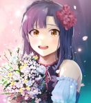  1girl :d bouquet braid brown_eyes detached_sleeves flower highres hinoshita_akame holding holding_bouquet idolmaster idolmaster_million_live! long_hair looking_at_viewer nanao_yuriko neck_ribbon open_mouth pink_ribbon purple_hair ribbon shiny shiny_hair short_sleeves smile solo upper_body white_flower white_sleeves 