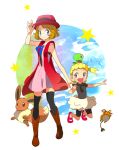  2girls :d asymmetrical_hair bike_shorts black_legwear black_shirt black_shorts blonde_hair blue_eyes blue_ribbon boots brown_footwear brown_hair character_request closed_mouth dress eevee full_body hat jumping looking_at_viewer multiple_girls neck_ribbon open_mouth outstretched_arm pink_dress pokemon pokemon_(anime) pokemon_on_head popcorn_91 red_headwear ribbon serena_(pokemon) shirt short_dress short_hair short_sleeves shorts sleeveless sleeveless_dress smile standing thighhighs white_background zettai_ryouiki 