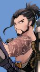  16nfeiyu 1boy absurdres arrow beard black_hair blue_background bow_(weapon) brown_eyes chinese_commentary commentary facial_hair gloves hanzo_(overwatch) high_ponytail highres holding holding_weapon long_hair looking_at_viewer male_focus overwatch ponytail quiver rope shooting_gloves shoulder_tattoo simple_background solo tattoo upper_body weapon 