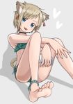  1girl :p animal_ears anklet barefoot bikini blonde_hair blue_eyes blush cat_ears cat_girl cat_tail choker earrings feet highres jessica_(roku_kyuu) jewelry looking_at_viewer original ring roku_kyuu short_hair solo swimsuit tail tongue tongue_out 