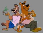  2019 black_nose bottomwear brown_fur burger canid canine canis chromatic_aberration clothed clothing crossed_legs crossover domestic_dog drugs dukey duo eating entwined_tails food fur great_dune hanna-barbera holding_object johnny_test_(series) leaning_on_each_other male mammal marijuana open_mouth pants rhyset scooby-doo scooby-doo_(series) signature simple_background smile smoking teeth tongue 