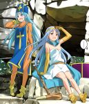 aqua_hair blue_hair blush bodysuit boots breasts cape circlet cleavage commentary_request cross dragon_quest dragon_quest_iii dress elbow_gloves gloves hat imaichi long_hair mitre multiple_girls open_mouth orange_bodysuit priest_(dq3) red_eyes sage_(dq3) smile staff tabard weapon 