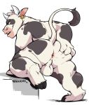  2019 anthro anus backsack balls bigmaster bovid bovine butt cattle cloven_hooves ear_piercing haps hi_res hooves horn looking_back male mammal moomoo nude perineum piercing rear_view simple_background solo spread_anus spread_butt spreading white_background 