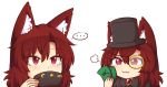  ... 2girls :3 =3 animal_ear_fluff animal_ears bangs black_headwear blush brooch brown_hair chibi commentary cup dual_persona english_commentary eyebrows_visible_through_hair eyelashes hair_between_eyes hat holding holding_cup holding_money imaizumi_kagerou jewelry long_hair looking_at_viewer money monocle multiple_girls portrait red_eyes simple_background smile spoken_ellipsis teacup top_hat touhou white_background wolf_ears wool_(miwol) yen_sign 