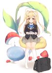  1girl absurdres ahoge alternate_costume azur_lane bag bangs bird_hair_ornament blazer blonde_hair bow bowtie chinese_commentary choker commentary_request cup eldridge_(azur_lane) eyebrows_visible_through_hair giant_mushroom hair_ornament highres holding holding_cup holding_spoon jacket kuaua latte_art long_hair looking_at_viewer mushroom no_shoes pleated_skirt red_eyes saucer school_bag school_uniform simple_background sitting skirt smile solo spoon teacup thighhighs two_side_up white_background white_legwear 