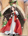 1girl :d bangs brown_eyes brown_hair collarbone day dress floating_hair from_below full_body hinoshita_akame jewelry long_hair long_sleeves necklace open_mouth original outdoors parted_bangs petals ponytail smile solo standing traditional_clothes very_long_hair white_dress 