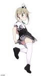  1girl 1other :&lt; absurdres blonde_hair from_behind full_body green_eyes highres looking_at_viewer looking_back maid maka_albarn once_11h panties simple_background skirt soul_eater suspender_skirt suspenders thighhighs twintails underwear white_background white_legwear 