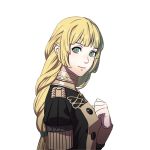  1girl blonde_hair braid fire_emblem fire_emblem:_fuukasetsugetsu gloves green_eyes ingrid_brandol_galatea kurahana_chinatsu long_hair looking_at_viewer official_art single_braid solo transparent_background uniform upper_body 