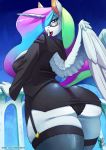  2019 anthro breasts butt clothed clothing digital_media_(artwork) equid eyelashes eyewear feathered_wings feathers female friendship_is_magic glasses hair hair_over_eye hi_res horn legwear lipstick long_hair looking_at_viewer makeup mammal multicolored_hair my_little_pony panties princess_celestia_(mlp) purple_eyes red_lipstick signature solo underwear url winged_unicorn wings zwitterkitsune 