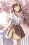  1girl :o blurry blurry_background brown_eyes brown_hair brown_skirt cherry_blossoms collarbone day floating_hair hinoshita_akame idolmaster idolmaster_million_live! long_hair looking_at_viewer miniskirt neck_ribbon open_mouth outdoors pleated_skirt ribbon shirt short_sleeves skirt solo standing straight_hair tenkuubashi_tomoka very_long_hair white_ribbon white_shirt 