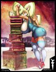  2019 anthro bandicoot big_breasts blonde_hair blue_eyes breasts clothed clothing coco_bandicoot converse crash_bandicoot_(series) digital_media_(artwork) dnp101 female food fruit fur hair huge_breasts legwear looking_at_viewer mammal marsupial naughty_dog plant smile socks solo sony_corporation sony_interactive_entertainment thick_thighs video_games 
