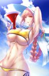  breasts fate/grand_order fate_(series) florence_nightingale_(fate/grand_order) hat highres jacket_on_shoulders large_breasts long_hair looking_at_viewer megaphone navel open_mouth shiroshisu sky swimsuit syringe water_drop wet 