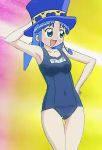  1girl 2015 armpits blue_hair blue_swimsuit covered_navel female fushigiboshi_no_futago_hime green_eyes hat long_hair name_tag open_mouth raised_eyebrows rein school_swimsuit smile solo swimsuit thigh_gap 