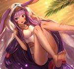  1girl barefoot breasts casual_one-piece_swimsuit dark_skin dolce_(dolsuke) facial_mark fate/grand_order fate_(series) hair_between_eyes long_hair looking_at_viewer medium_breasts nitocris_(fate/grand_order) nitocris_(swimsuit_assassin)_(fate) one-piece_swimsuit open_mouth purple_eyes purple_hair shiny shiny_hair soles solo swimsuit very_long_hair white_swimsuit 