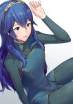  1girl a_meno0 blue_eyes blue_hair blush bodysuit fire_emblem fire_emblem:_kakusei jacket jewelry long_hair looking_at_viewer lucina necklace simple_background solo tiara white_background 
