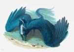  2019 alsares blue_eyes blue_feathers blue_fur blue_hair digital_media_(artwork) dragon feathered_dragon feathered_wings feathers feral fur hair partially_submerged solo water wings 