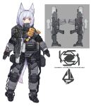  1girl absurdres animal_ears assault_rifle character_sheet commentary exoskeleton fox_ears full_body gloves gun highres load_bearing_equipment original pouch puremage rifle science_fiction short_hair silver_hair solo tail weapon white_background 