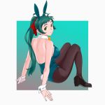  1girl alternate_costume animal_ears antenna_hair ass back bangs bare_shoulders blush bow bowtie breasts brown_legwear bunny_ears bunny_tail bunnysuit closed_mouth commentary_request detached_collar eyebrows_visible_through_hair fake_animal_ears from_behind full_body green_eyes green_hair hair_ribbon high_heels highres irako_(kantai_collection) kantai_collection large_breasts leotard long_hair looking_at_viewer ojipon pantyhose ponytail red_ribbon ribbon sideboob simple_background sitting smile solo strapless strapless_leotard tail wrist_cuffs 