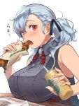  1girl bangs bare_shoulders belt blush breasts commentary_request cup drinking_straw eating eyebrows_visible_through_hair fingernails food girls_frontline hair_ribbon highres holding holding_food large_breasts long_hair looking_at_viewer napkin open_mouth red_eyes ribbon satsuki_neko silver_hair solo spas-12_(girls_frontline) table tray twintails upper_body white_background 