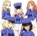  5girls adjusting_headwear andou_(girls_und_panzer) bangs bc_freedom_(emblem) bc_freedom_military_uniform black_hair black_ribbon blonde_hair blue_eyes blue_headwear blue_jacket blue_vest brown_eyes clenched_hand closed_mouth commentary dark_skin dress_shirt drill_hair emblem fan folding_fan girls_und_panzer green_eyes hair_ribbon hand_on_own_face hat head_tilt high_collar holding holding_fan isabe_(girls_und_panzer) jacket long_hair long_sleeves looking_at_viewer low_tied_hair marie_(girls_und_panzer) medium_hair messy_hair military military_hat military_uniform miniskirt multiple_girls orange_hair oshida_(girls_und_panzer) pleated_skirt ribbon ribonzu shako_cap shirt simple_background skirt smile sofue_(girls_und_panzer) standing uniform vest white_background white_shirt white_skirt 