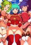  3girls aqua_hair artist_name ass_visible_through_thighs black_panties blue_eyes blue_hair blush braid breastplate breasts dress dress_lift eirika fire_emblem fire_emblem:_seima_no_kouseki gloves green_eyes green_hair highres l&#039;arachel large_breasts lifted_by_self long_hair multiple_girls open_mouth panties ponytail red_gloves red_legwear revolverwing skirt skirt_lift tana thighhighs twin_braids underwear white_panties 