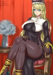 1girl blonde_hair bloodstained:_ritual_of_the_night blue_eyes bodysuit breasts coat dominique_(bloodstained) everyone garters giovanni_zaccaria glasses hair_over_one_eye hat large_breasts long_hair long_sleeves looking_at_viewer simple_background smile solo 