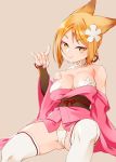  1girl abe_no_seimei_(eiyuu_senki) animal_ears beige_background blonde_hair breasts bright_pupils cameltoe choker cleavage commentary_request eiyuu_senki eyeliner eyeshadow fox_shadow_puppet hair_in_mouth hair_ribbon head_tilt highres japanese_clothes kimono large_breasts looking_at_viewer low_ponytail makeup obi off_shoulder panties ribbon sash short_kimono simple_background sitting smile solo thighhighs tsukasa_takashi underwear white_legwear white_panties yellow_eyes 