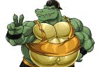  2019 anthro belly bottomwear clothing crocodilian dirty-canvas donkey_kong_(series) green_scales hat headgear headwear king_k._rool kremling male midriff musclegut muscular muscular_arms muscular_male navel nintendo outie_navel pants peace_sign_(disambiguation) pecs reptile scales scalie shirt smile solo tank_top topwear video_games wristband 