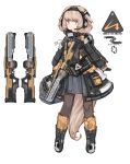  1girl absurdres animal_ears blue_eyes brown_hair character_sheet commentary fox_ears full_body gloves gun headset highres jacket load_bearing_equipment original pantyhose pouch puremage science_fiction short_hair solo tail weapon white_background 