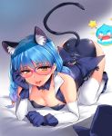  1girl animal_ears blue_cat blue_gloves blue_hair blue_leotard braid breasts cat_ears cat_tail cleavage gloves hat hat_removed headwear_removed highres kamishiro_ryuu leotard long_hair looking_at_viewer medium_breasts pointy_ears precure prunce_(precure) shiny shiny_hair shiny_skin solo star_twinkle_precure sunglasses tail thighhighs tongue tongue_out twin_braids 