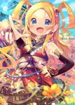  1girl :d bangs bare_shoulders blonde_hair blue_eyes blue_sky blurry blurry_foreground blush breasts bridal_gauntlets building cloud commentary_request day depth_of_field field fingernails flower flower_field forehead hair_ornament hand_on_hip highres ikari_(aor3507) japanese_clothes kimono long_hair nail_polish obi open_mouth original outdoors outstretched_arm parted_bangs pointing red_kimono red_nails sash sky sleeveless sleeveless_kimono small_breasts smile solo standing tree twitter_username two_side_up v-shaped_eyebrows very_long_hair yellow_flower 