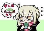  ... 1girl artoria_pendragon_(all) bangs black-framed_eyewear black_jacket blush_stickers braid brown_eyes chibi closed_mouth commentary_request cup eyebrows_visible_through_hair fate/grand_order fate_(series) food glasses green_background hair_between_eyes holding holding_cup hood hood_down hooded_jacket jacket kasuga_yuuki light_brown_hair long_sleeves looking_away looking_to_the_side mysterious_heroine_x_(alter) plaid plaid_scarf red_scarf scarf solo thought_bubble translation_request tray two-tone_background upper_body white_background yunomi 