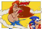  2019 absurd_res adventures_of_sonic_the_hedgehog anthro big_breasts bra breasts clothing crown duo embarrassed eulipotyphlan female gloves grimphantom grin hair handwear hedgehog hi_res human humor katella lipstick long_hair makeup male mammal open_mouth panties red_hair simple_background smile smoke sonic_(series) sonic_the_hedgehog tanned_skin tiara torn_clothing underwear 