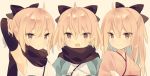  3girls :d ahoge arm_up bangs bare_shoulders beige_background blonde_hair blush bow brown_bow brown_eyes brown_scarf closed_mouth eyebrows_visible_through_hair fang fate/grand_order fate_(series) hair_between_eyes hair_bow highres japanese_clothes kimono koha-ace locked_arms mimo_lm multiple_girls multiple_persona okita_souji_(fate) okita_souji_(fate)_(all) open_mouth pink_kimono scarf simple_background sleeveless sleeveless_kimono smile upper_body white_kimono 