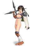  1girl armor breasts brown_eyes brown_footwear brown_hair commentary final_fantasy final_fantasy_vii fingerless_gloves fishnets gloves headband highres huge_weapon irotsuya leg_warmers materia nude open_mouth pubic_hair pussy shoes short_hair shuriken simple_background small_breasts smile sneakers solo weapon yuffie_kisaragi 